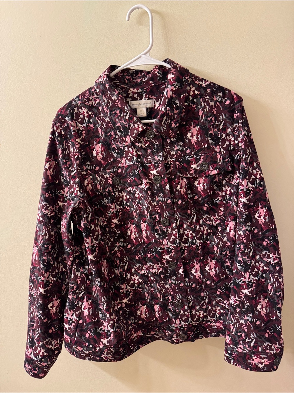 Christopher & Banks Black and Pink Abstract Print Jean Jacket